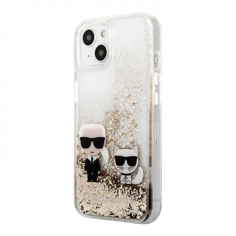 Чехол iPhone 13 Lagerfeld Liquid glitter Karl & Choupette Hard Gold